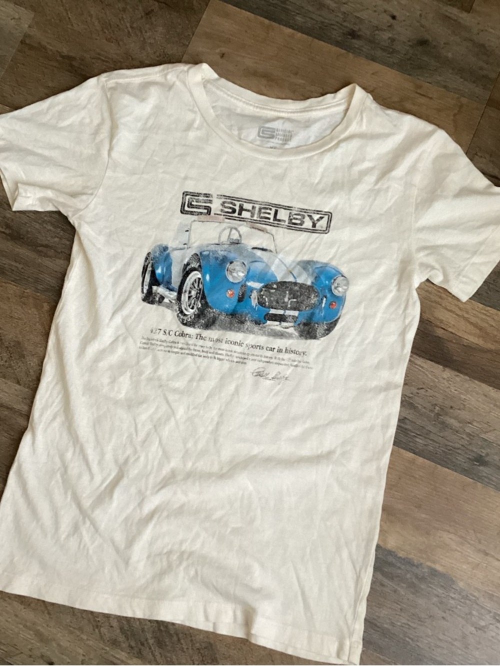 Shelby White Tee with Blue Cobra Car Graphic